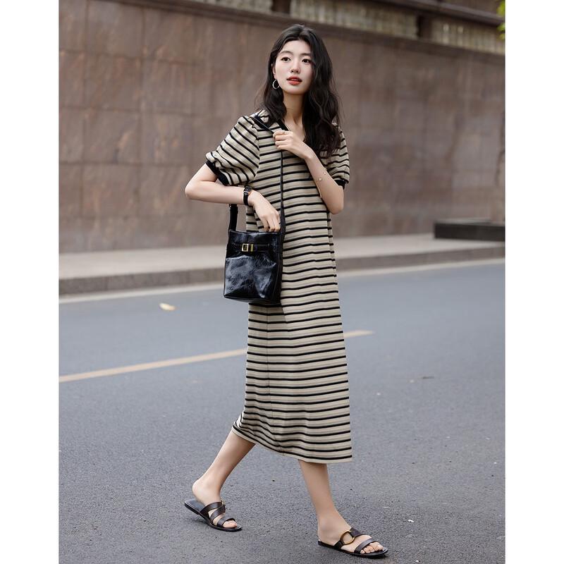 Женское летнее трикотажное платье с V-образным вырезом, полосатое, с пышными рукавами