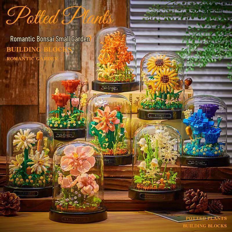 Sunflower & Hibiscus Building Blocks: Potted Plant Preserved Flower Bouquet, High Assembly Toy, Festival/Birthday Gift
