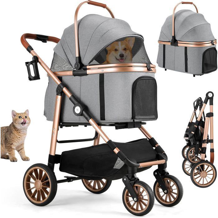 Poussette chien chat 4-en-1 pliable jusqu’à 25 kg, roues 360° amorties, transport animal, poussette tout-terrain confortable