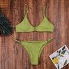 Women Triangle Oversize Split Bikini Set Suit Tie Side G-String Thong Swimsuit Suspenders Green Solid Color