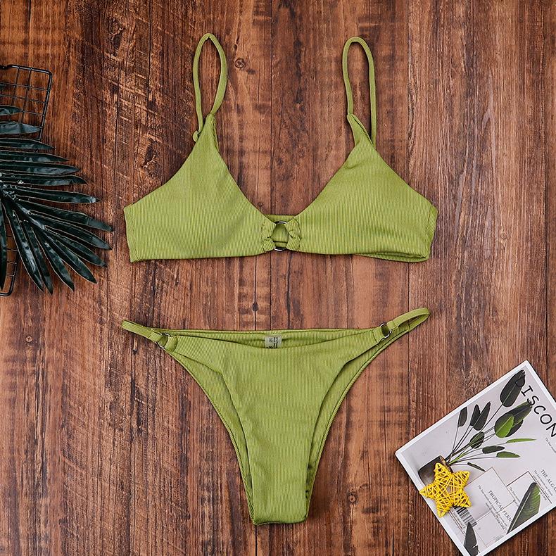 Women Triangle Oversize Split Bikini Set Suit Tie Side G-String Thong Swimsuit Suspenders Green Solid Color