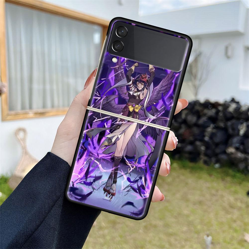 Роскошный чехол для Samsung Galaxy Z Flip 4 3 5G, черный ПК, жесткие чехлы для телефонов, модная задняя крышка ZFlip Funda Game Genshin Impact Shell
