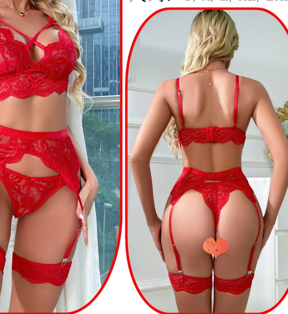 Lace Cross Strap Lingerie Set with Thong Seductive Five Piece Set