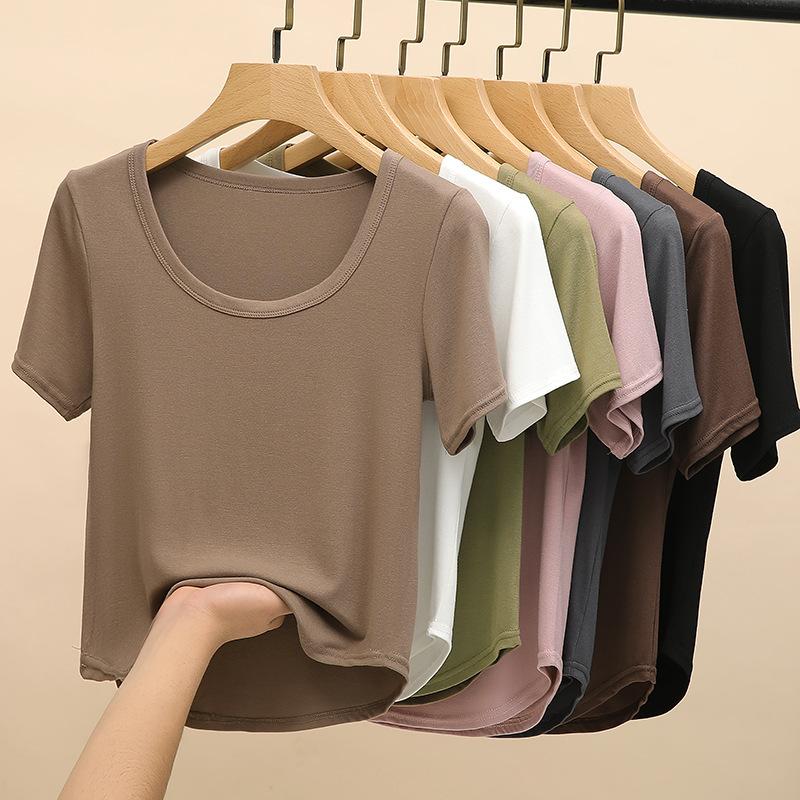 Футболка с короткими рукавами для женщин, новая летняя тонкая рубашка с U-образным вырезом, белая короткая футболка