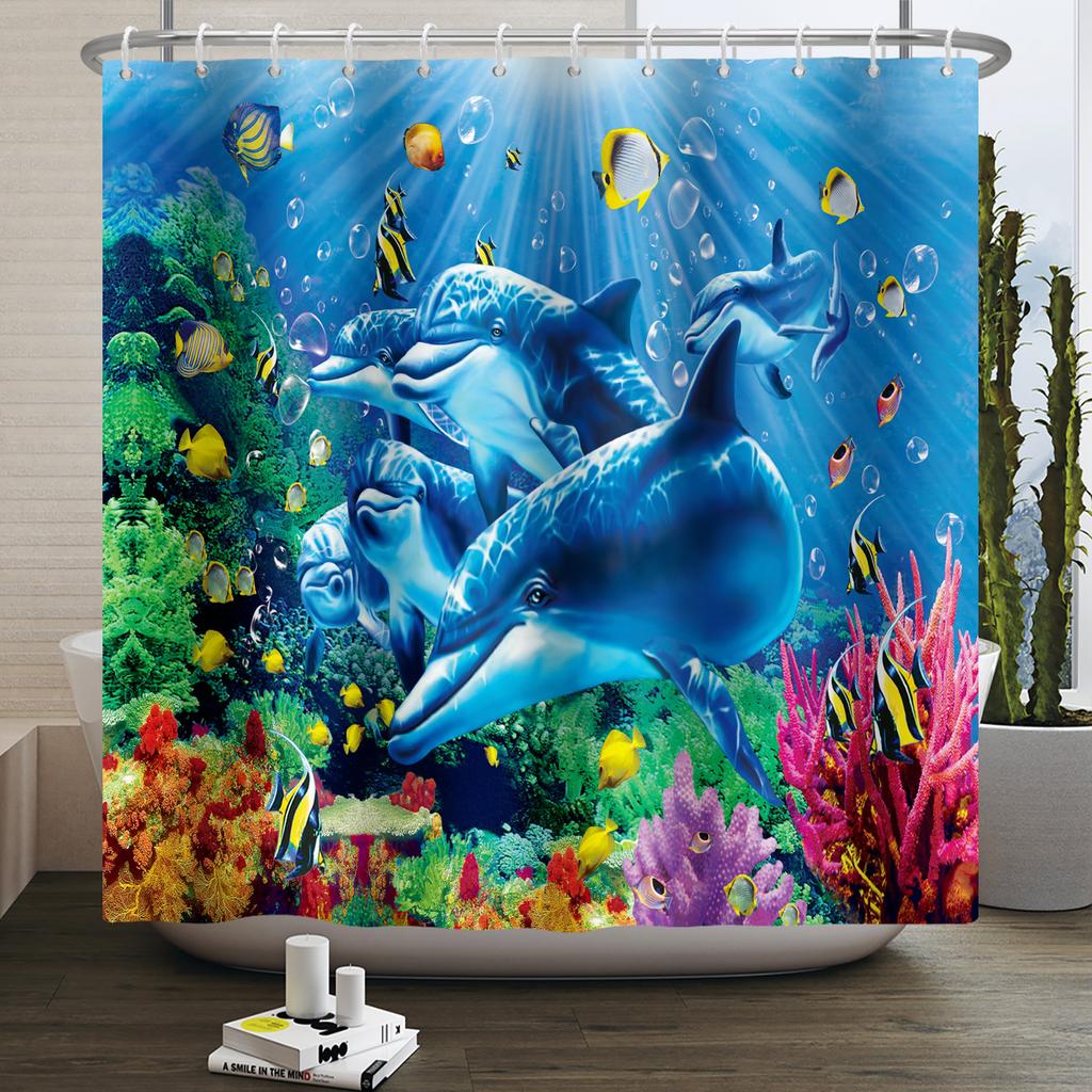 Подводный Мир Океан Занавеска для Душа для Ванной Комнаты Животные Морского Дна Морская Черепаха Дельфин Рыбы Водонепроницаемая Занавеска для Ванной Комнаты с Крючками