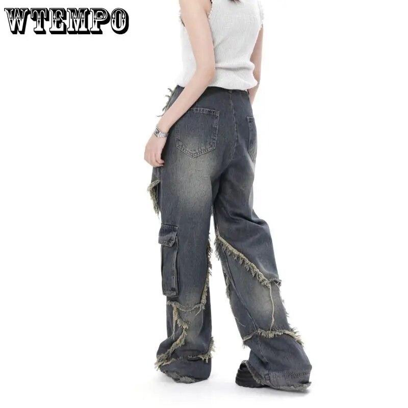 WTEMPO Винтажные женские джинсы с высокой талией, уличная одежда, рваные женские широкие брюки, повседневные прямые джинсовые брюки в американском стиле с кисточками