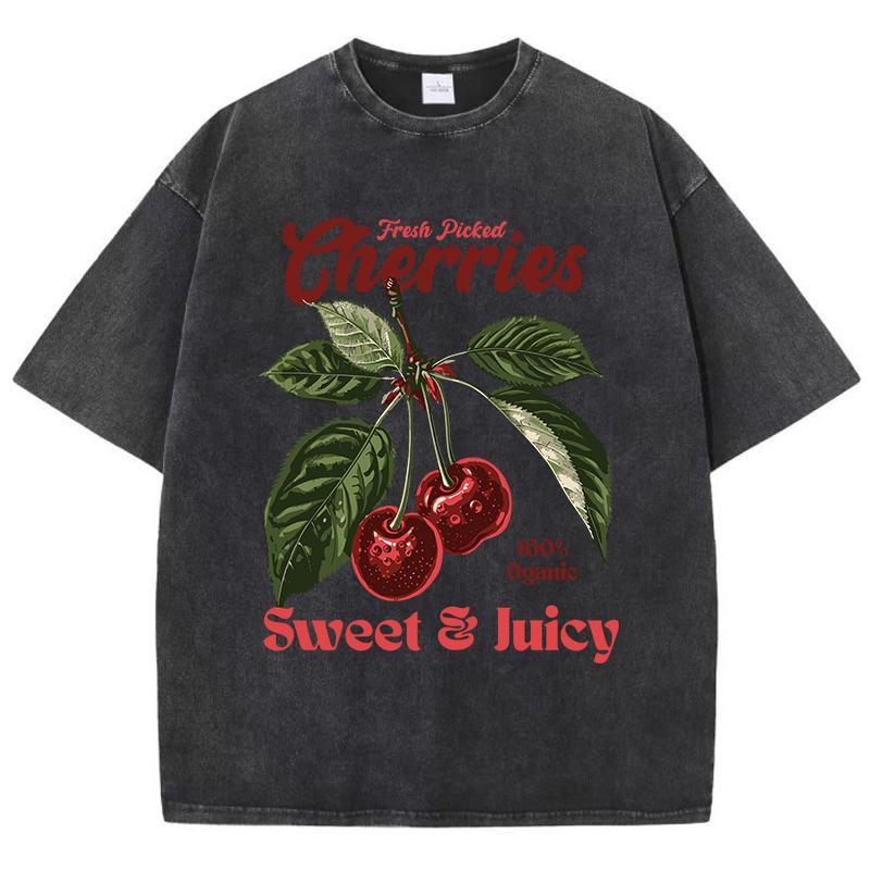 Fresh Picked Cherries Cottonwashed T Shirts Women Sweet Fruit Print T-Shirt Distressed Oversize O-Neck Tops Street Woman Clothes