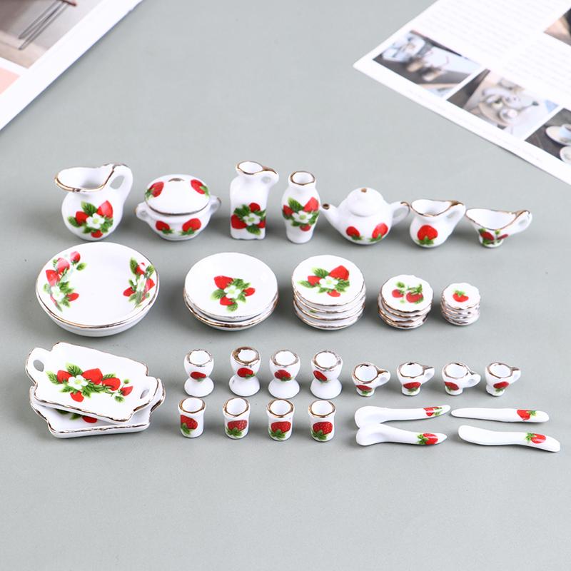 40Pcs 1:12 Dollhouse Miniature Tableware Porcelain Ceramic Tea Cup Dishes Set