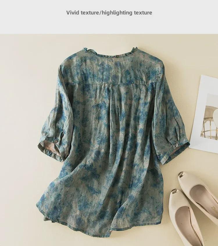 Летняя льняная рубашка с цветочным принтом и воротником-ушком