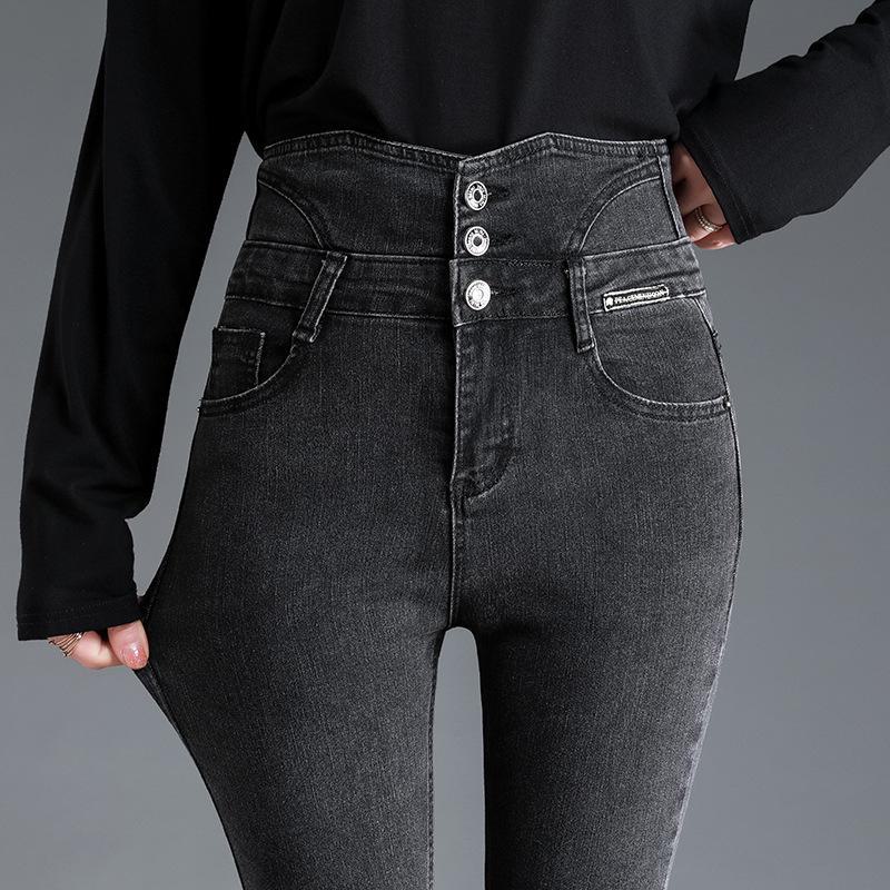 2023 Новые женские плюшевые узкие джинсы с высокой талией на осень/зиму, облегающие повседневные брюки на пуговицах