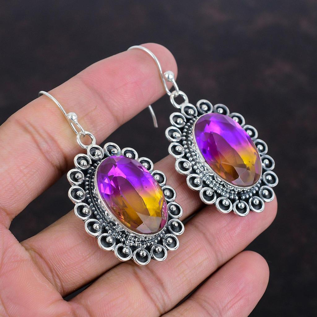 Серьги с граненым аметрином, серьги с натуральным драгоценным камнем, потрясающие ювелирные изделия, серьги из стерлингового серебра 925 пробы, ювелирные изделия ручной работы, висячие серьги, подарки для нее