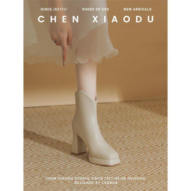 Женские белые водонепроницаемые французские ботинки на платформе - квадратный носок, толстый массивный каблук, осень/зима 2025