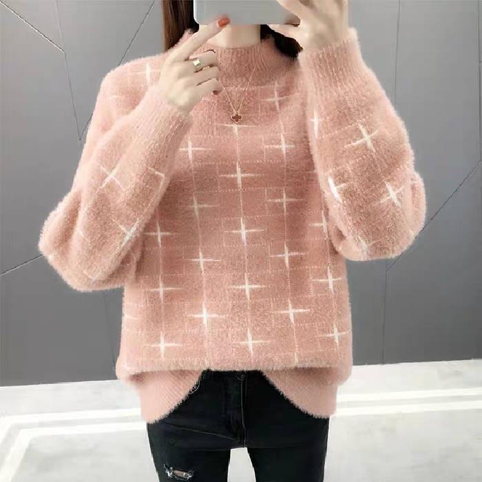 Women Mohair Fuzzy Skin-friendly Sweater Long Sleeve Half Turtleneck Bottom Knit Shirt Top