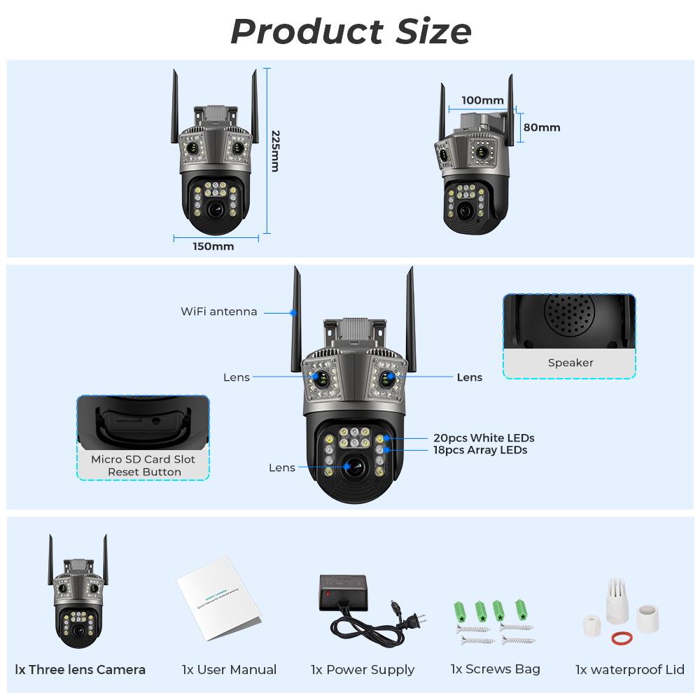 6K 12MP Wifi камера PTZ три экрана наружное автоматическое слежение ночное видение охранная система видеонаблюдения камера IP iCSee