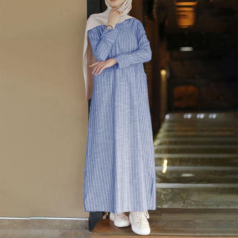 Women Muslim Kaftan O Neck Party Belt Solid Puff Sleeve Retro Long Maxi Shirt Dress