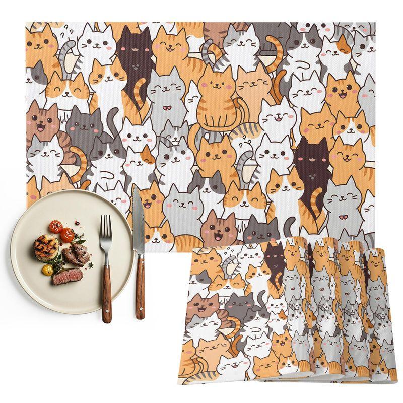 VIKAMA Pet Cat Theme Placemats Colorful Cartoon Kitten Print Heat‑Resistant Table Mats For Family Dining Table Home Decor