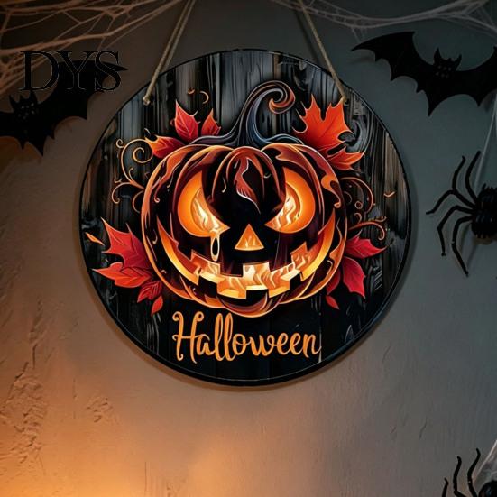 Autumn Atmosphere Hanging Ornament Halloween Wooden Door Hanger Sign, Flame Pumpkin Maple Leaf Printed Round Plaque, Hemp Rope Decor Waterproof