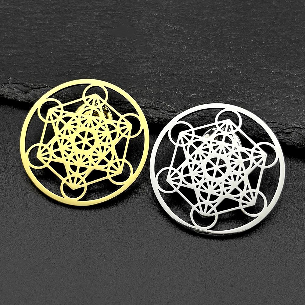 Flower of Life Stainless Steel 7 Chakras Brooch Pins for Women Men Gold Color Metatron Cube Sacred Geometry Symbol Jewelry Gift