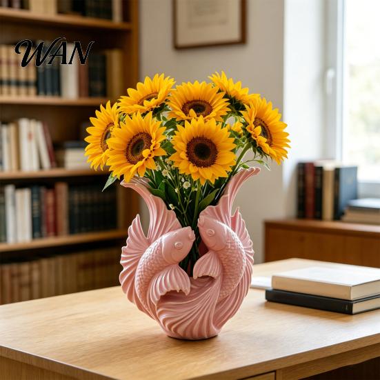 3D Printed Vase Fish Dual Carp Wave Decorative Flower Light Luxury Multi-functional Desktop Organizer for Home Living Room Office Decor Dried