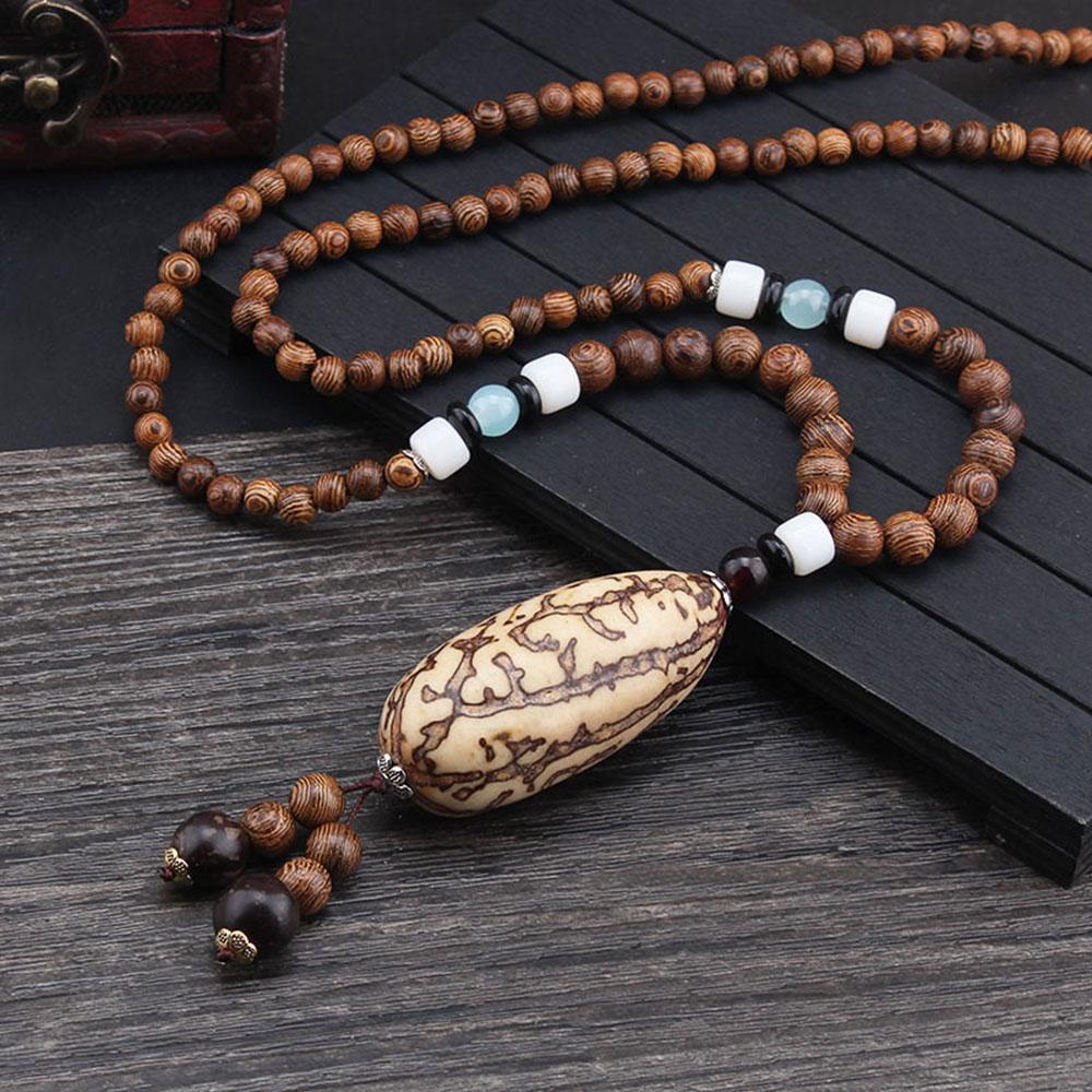 Men Handmade Nepal Horn Mala Buddhist Pendant Wood Beads Necklace Long Necklace