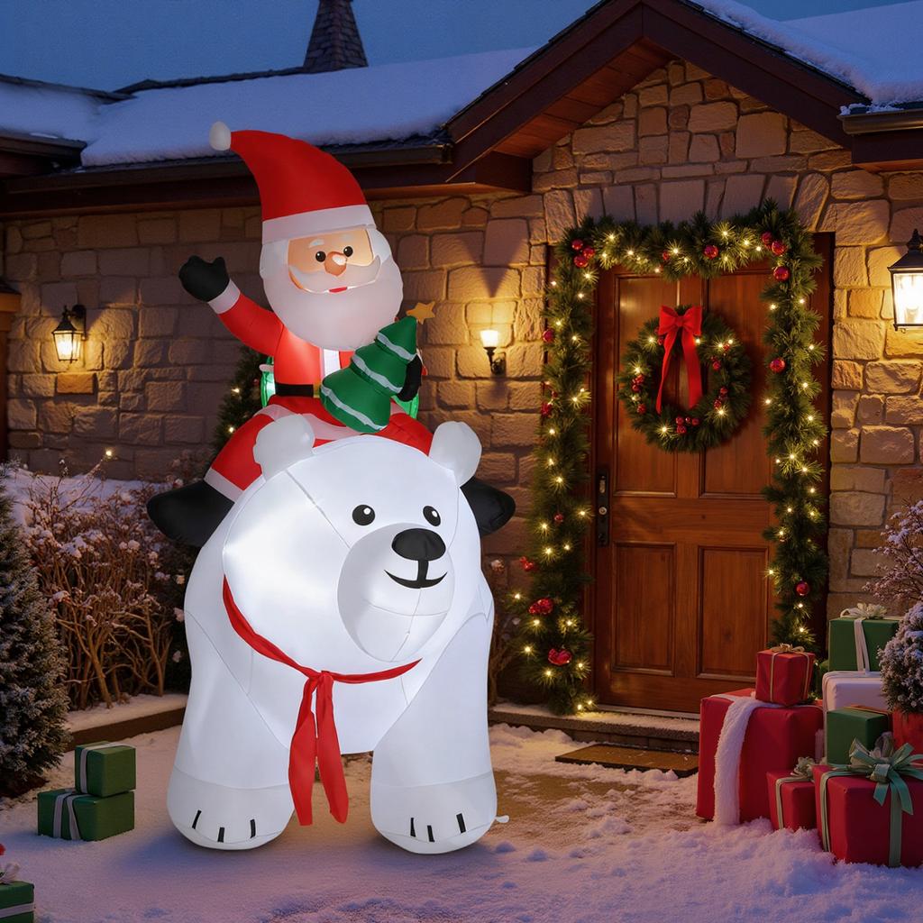 Inflatable Christmas Santa Claus on polar bear 200 cm, 5 LED lights, indoor and outdoor Christmas decoration, white