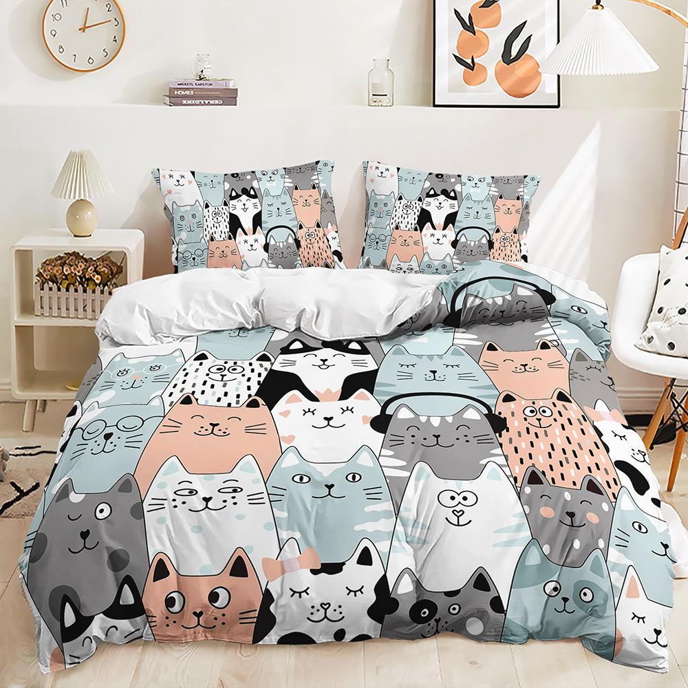 Cute Cartoon Cat Bedding Set Soft Microfiber Bed Linen With Pillowcases Queen King Single Size Animals 135X200Cm Duvet Cover Set
