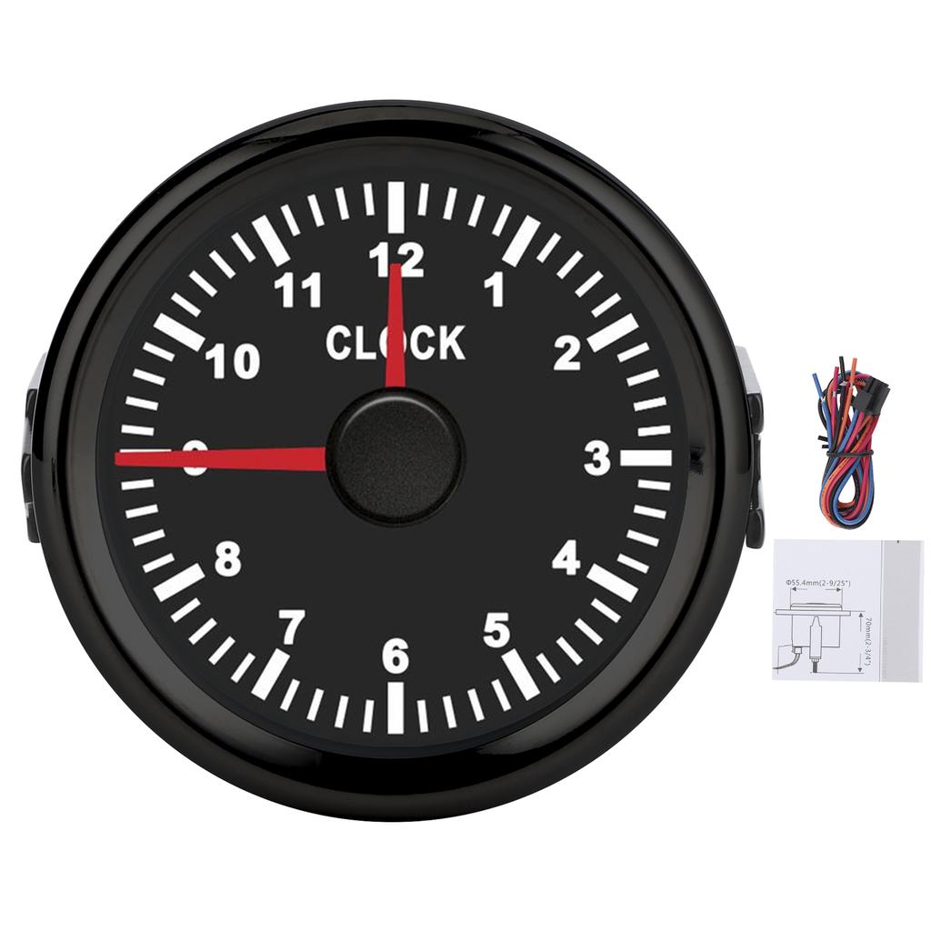 2in Universal Clock Gauge Instrument 0‑12 Hourmeter Red Backlight 12V 24V for Car Boat Yacht MotorcycleBlack Dial Black