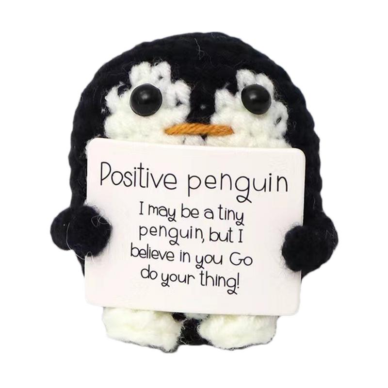 Knitted Emotional Support Penguin Crochet Doll with Positive Card Cute Crochet Doll Mini Penguin Toy Decor Home Accent Ornaments