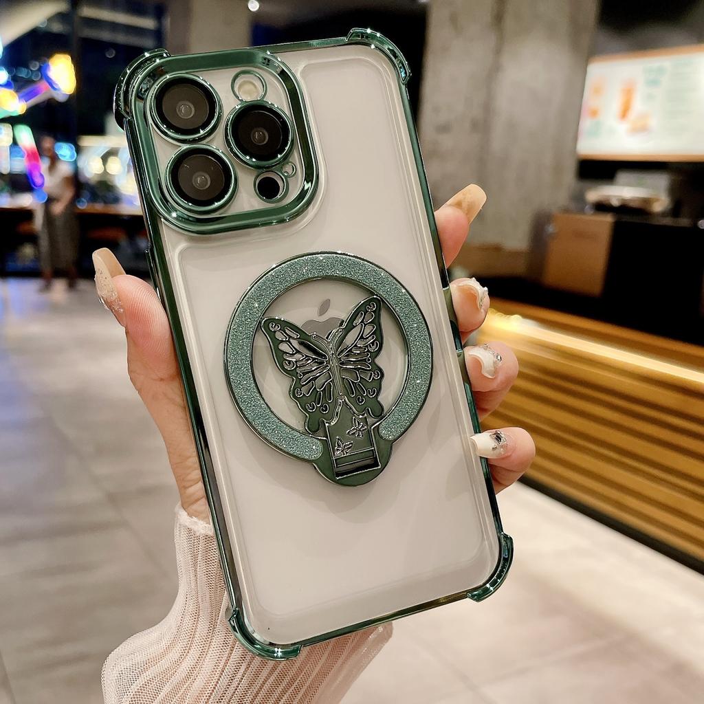 Applicable to iPhone16ProMax mobile phone case butterfly glitter bracket Apple 15 four corners anti-drop protective case