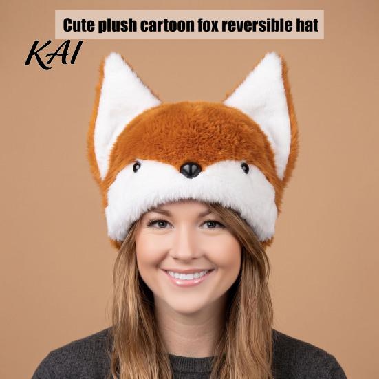 Soft Winter Cap Plush Animal Hat, Fox And Wolf Double-sided Hat with 3D Ears, Versatile Wearable Fuzzy Warm Cute for Men Women Cosplay Party