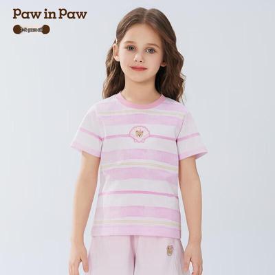 Летняя полосатая футболка для девочек PawinPaw с принтом медведя 2025