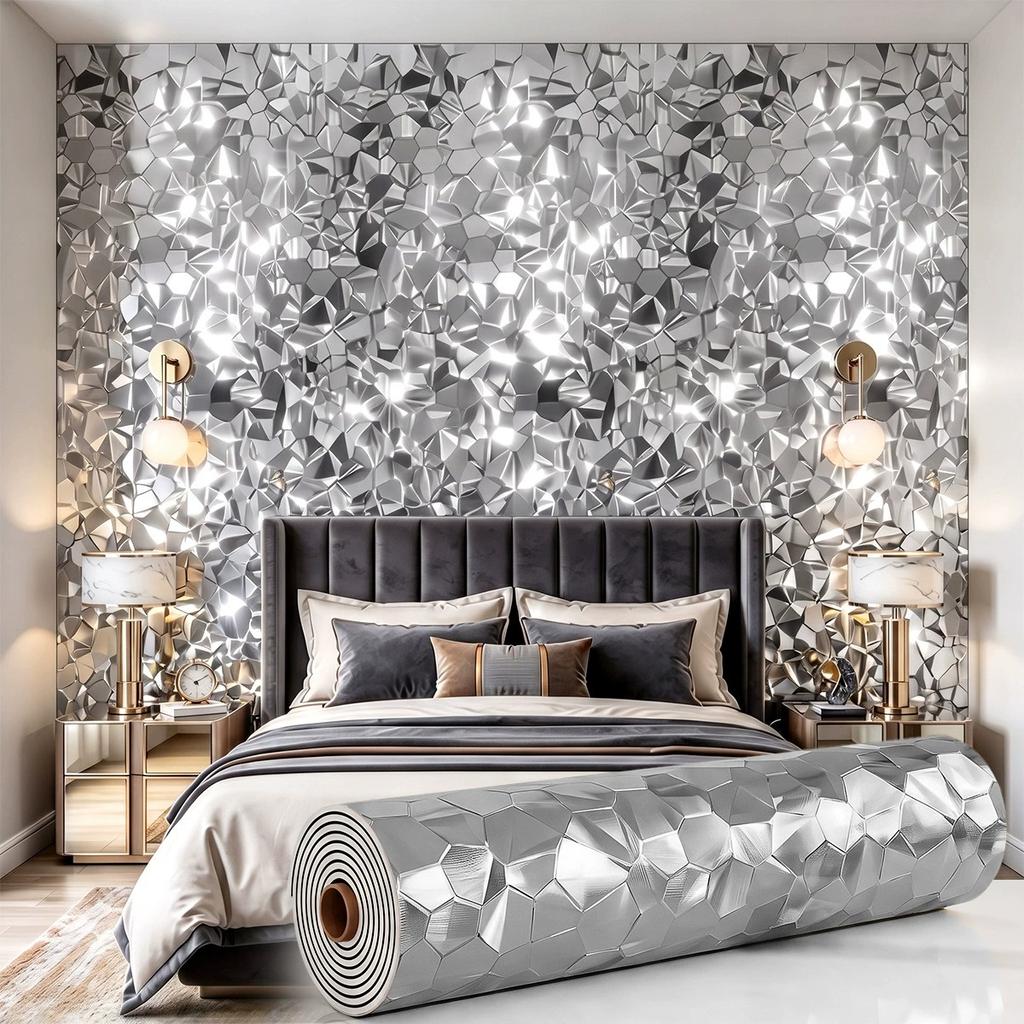 Self-adhesive wall sticker featuring a metallic-finish faux-slat striped pattern; suitable for living room TV feature walls