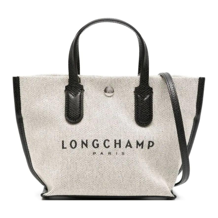 Longchamp Базовая хлопковая холщовая сумка-тоут с принтом логотипа и застежкой-кнопкой Женские сумки-тоут Бежевый Черный 10259HSG037