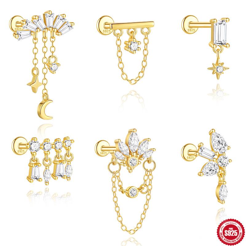 Серьги для пирсинга хряща из стерлингового серебра S925 с бриллиантовой бахромой в форме короны и конского глаза для повседневной носки для женщин