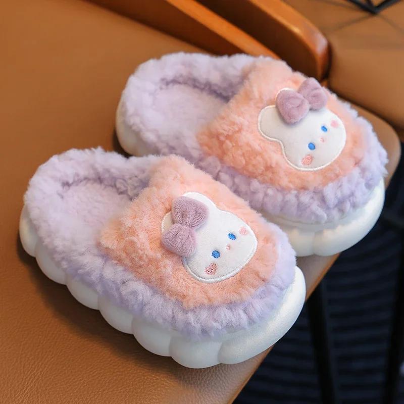 New Winter Cute Rabbit Bear Cotton Flip Flops Children's Plush Slippers For Girls Boys Home Indoor Fluffy Mule Kids Shoes