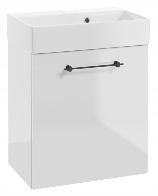 Szafka łazienkowa wisząca biały połysk, czarne uchwyty 60x50cm bateria i syfon Elara
