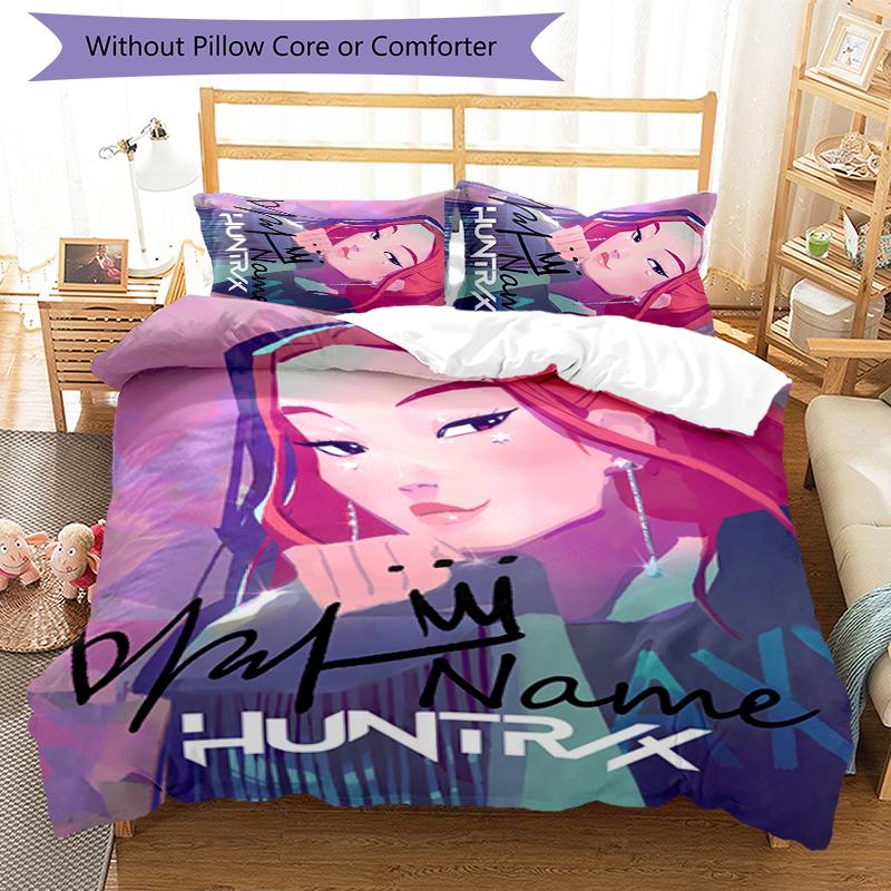 3pcs Custom Name Cartoon Kpop Demon Hunters Bedding Set Duvet Cover Closure Includes 1 Duvet Cover & 2 Pillowcases for All Seasons Bedroom Decor