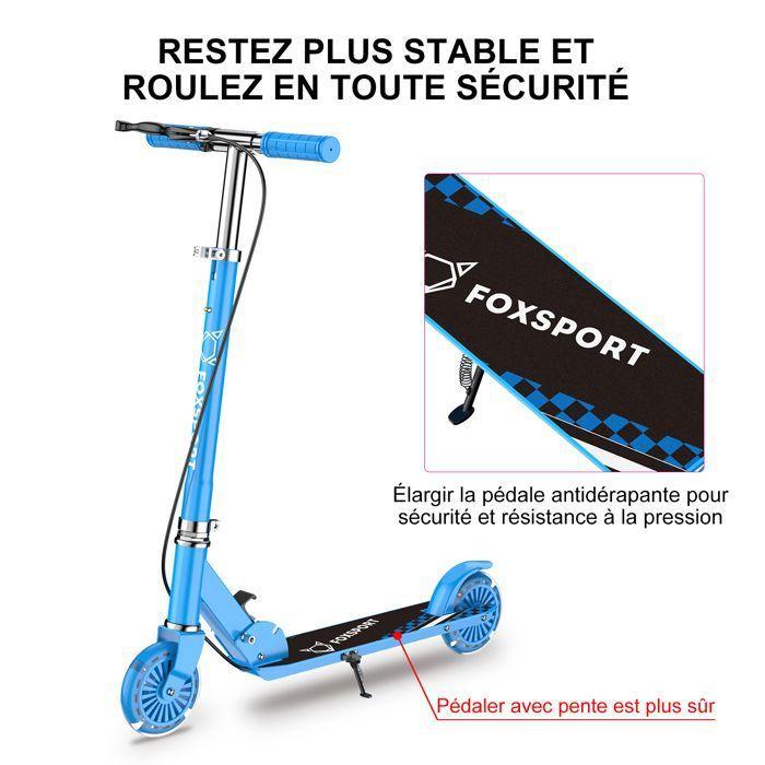 Trottinette Enfant - FOXSPORT - Pliable - 2 Roues Clignotantes - Frein à Main - Guidon Ajustable de 3 Niveaux - Charge 100 kg - Noir