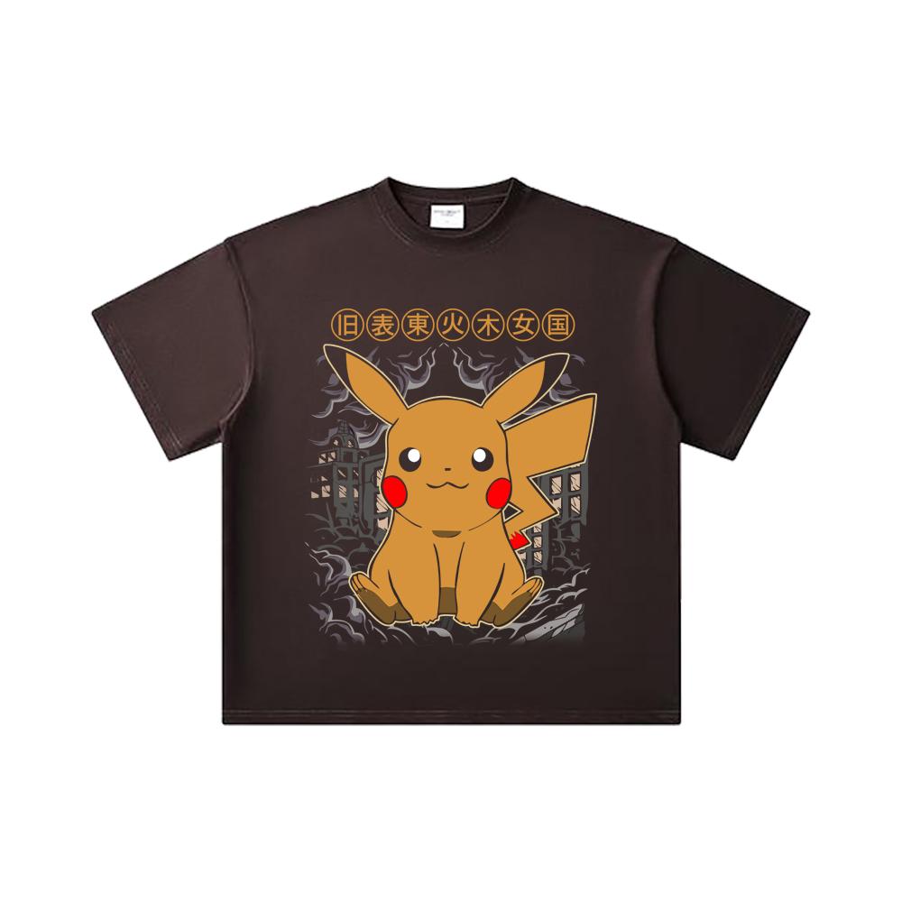 Хлопковая футболка унисекс с принтом Пикачу Pokemon V22, плотность 260 г/м², двойная пряжа, 32 нити, 100% хлопок