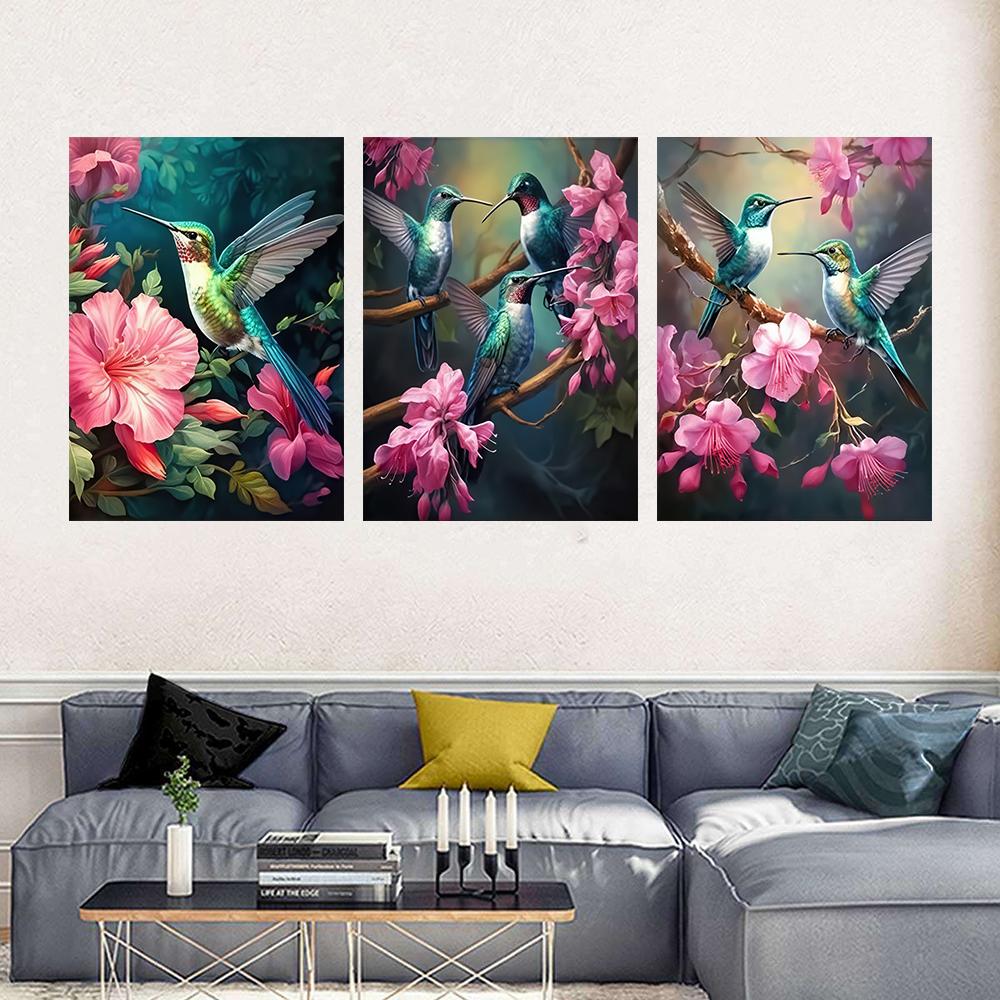 Modern Glam Frameless Hummingbird Bird Animal Print Wall Hanging Decor Pink Flowers for Living Room, Wall Decor, No Frame