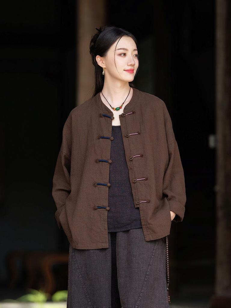 Women's Retro Chinese Style Cotton Linen Frog Button Cardigan - Zen Ramie Wrap Top