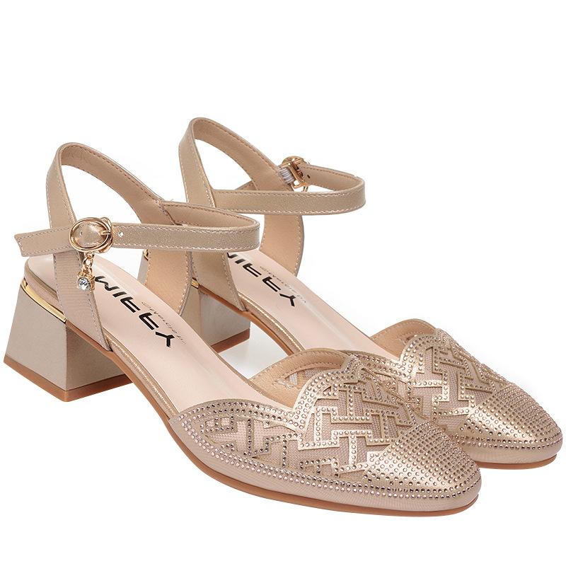 Модные дышащие босоножки на среднем каблуке с острым носком и сеткой со стразами высотой 4,5 см, летние босоножки 2024 года из мягкой кожи для женщин, для офиса, вечеринки для мам