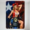 Vintage Pin-Up Cowgirl Metal Tin Sign Blonde Curly Hair Red Hat Flower White Bustier Blue Motorcycle Texas Flag Bar Man Cave Hom