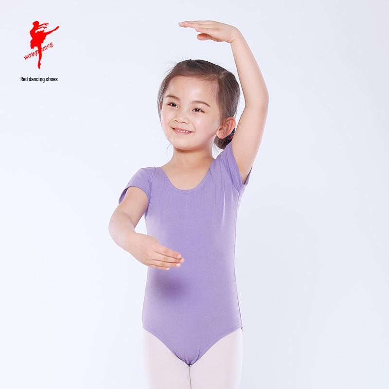 Red Children's Ballet Bodysuit - Short-Sleeve Cotton Leotard for Girls, Practice and Dancewear Style 5007