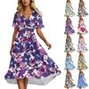 Women's Summer Fashion V-Neck Flared Dress Short Sleeve Floral Dresses