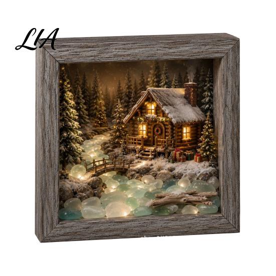 Miniature Landscape Art Christmas Sea Glass Shadow Box Night Light, 3D Winter Snow Scene Wooden Unique Home Gift Frame with LED Warm Glow, Ornament