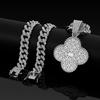 18K Gold Plated Zinc Alloy Iced Cuban Link Jewelry Set with Zircon Clover Pendant for Women's Gift & Lucky Charm Lovers