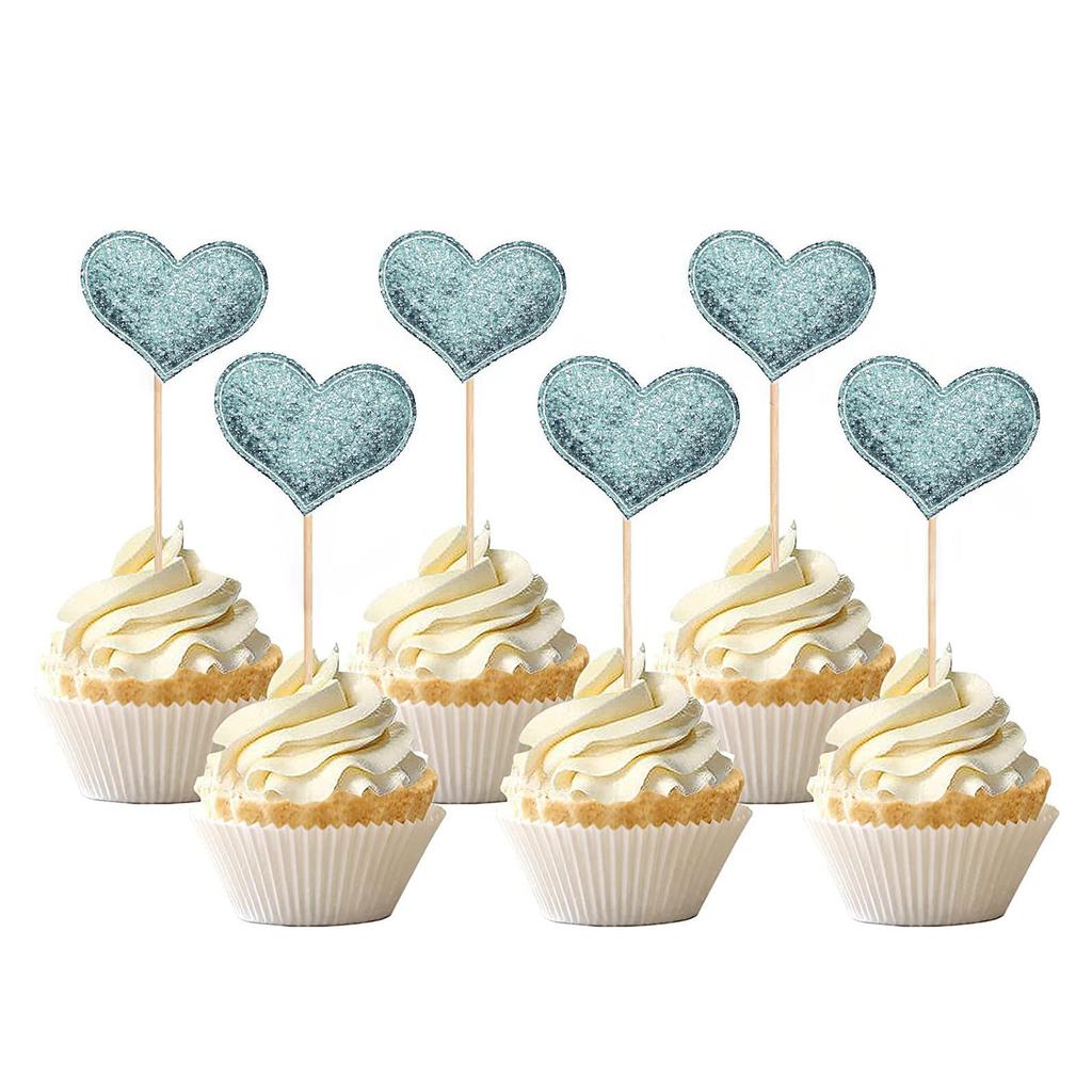 100pcs Glitter Pink Heart Cake Toppers Heart Cupcake Toppers Valentine's Day for Sweet Love Theme Wedding