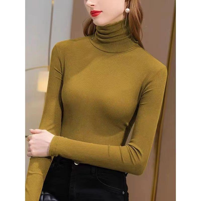 Базовая футболка с высоким воротом для женщин Осень-Зима Новая футболка с длинным рукавом Однотонный Термо-внутренник Топ на талию