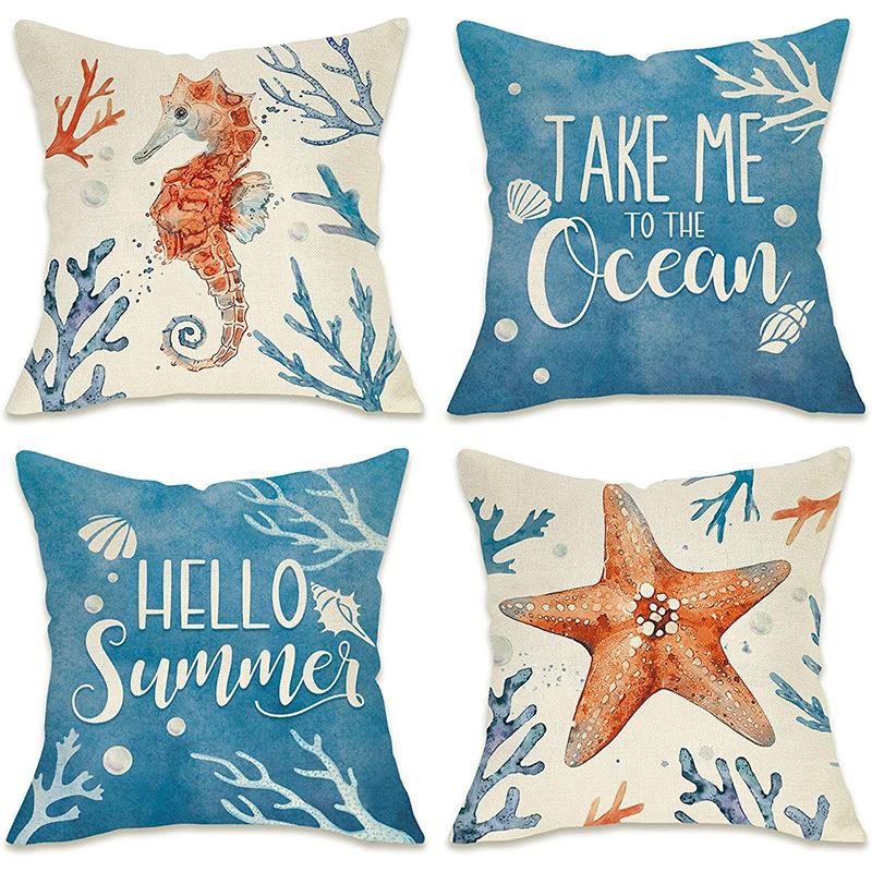 Summer Hot Style Ocean Style Pillow Beach Shell Pattern Blue Pillow Case Home Sofa Pillow Case Cushion Cover